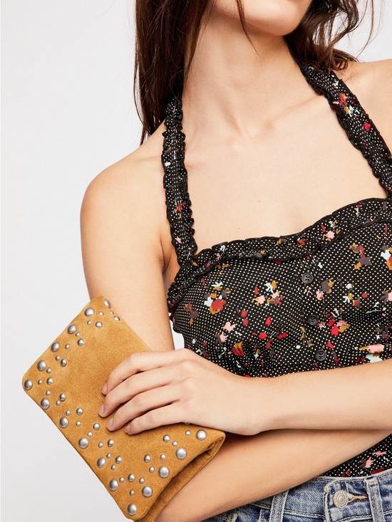 Free People Handbags - Free People Kingston Suede Studded Clutch  Tan Foldover Pouch Boho Festival